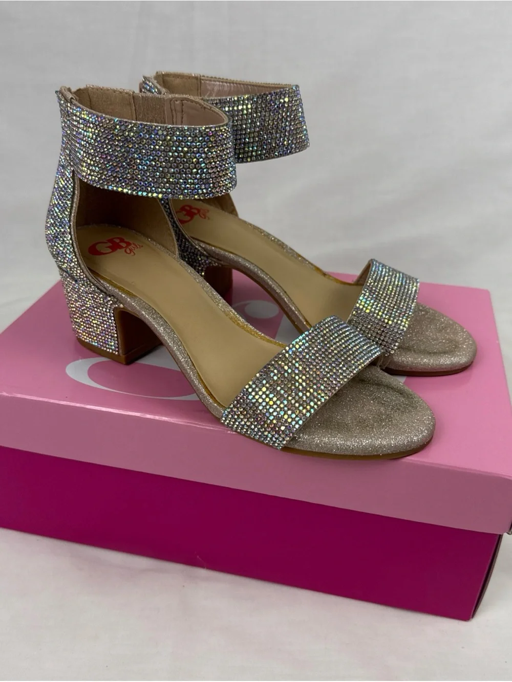GB Girls' Roniiee Rhinestone Ankle Strap Dress Sandals Sparkling Block Heels